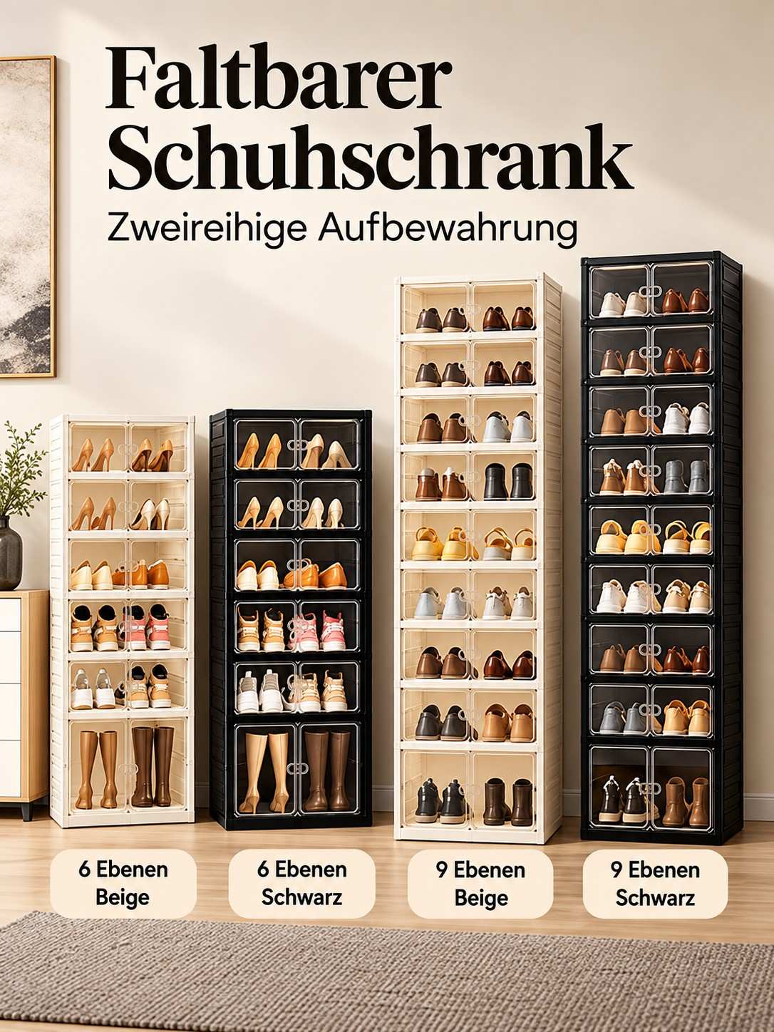 Faltbarer Schuhschrank mit transparenten Türen – 9 Ebenen, bis zu 18 Paar