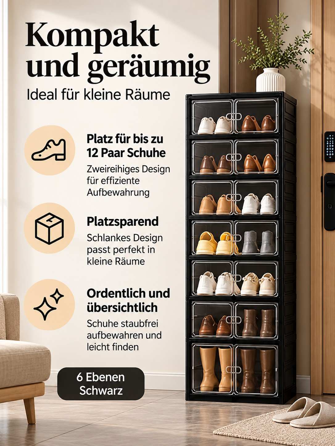 Faltbarer Schuhschrank mit transparenten Türen – 9 Ebenen, bis zu 18 Paar