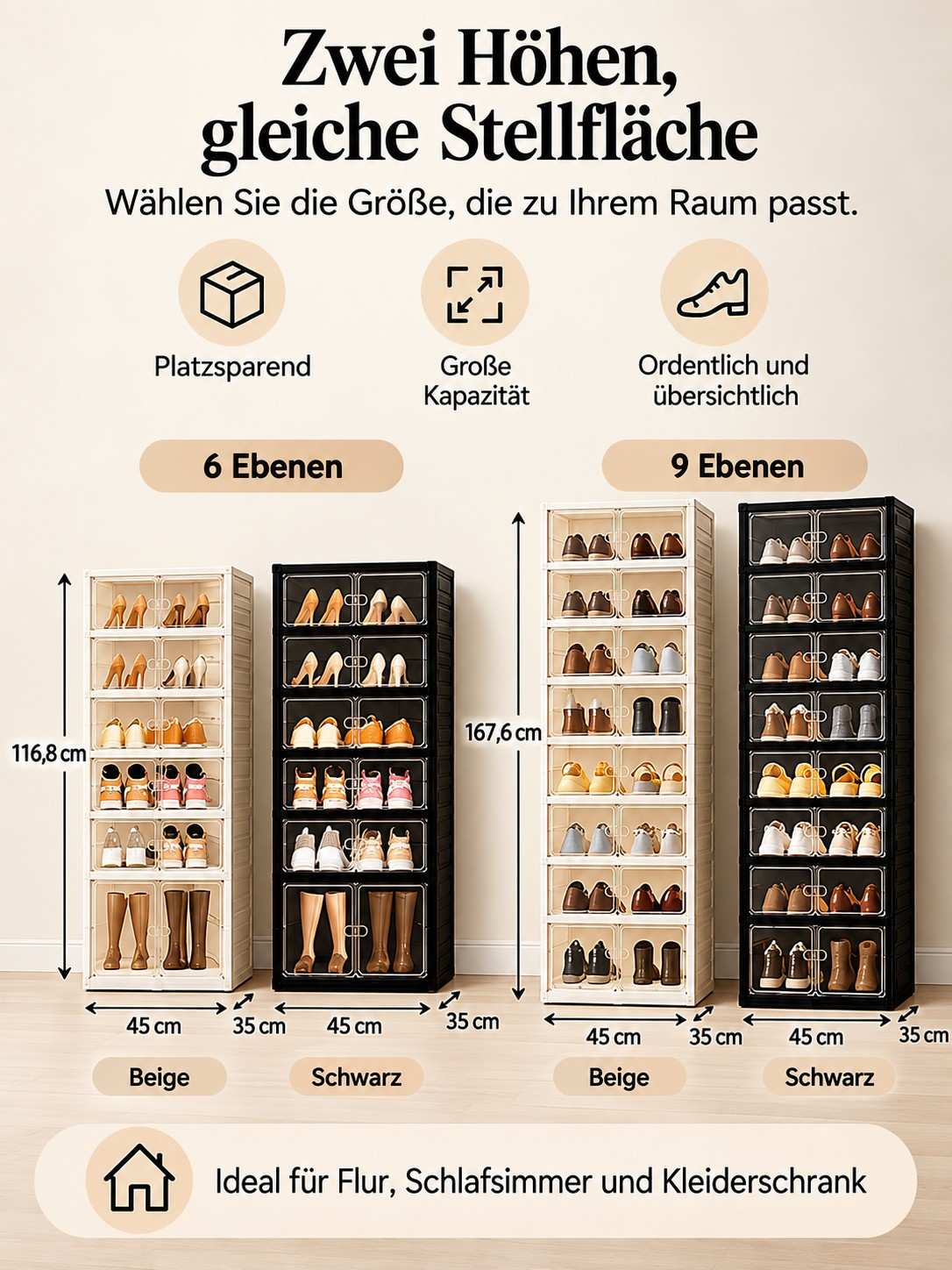 Faltbarer Schuhschrank mit transparenten Türen – 9 Ebenen, bis zu 18 Paar