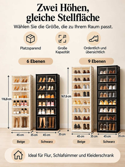 Faltbarer Schuhschrank mit transparenten Türen – 9 Ebenen, bis zu 18 Paar