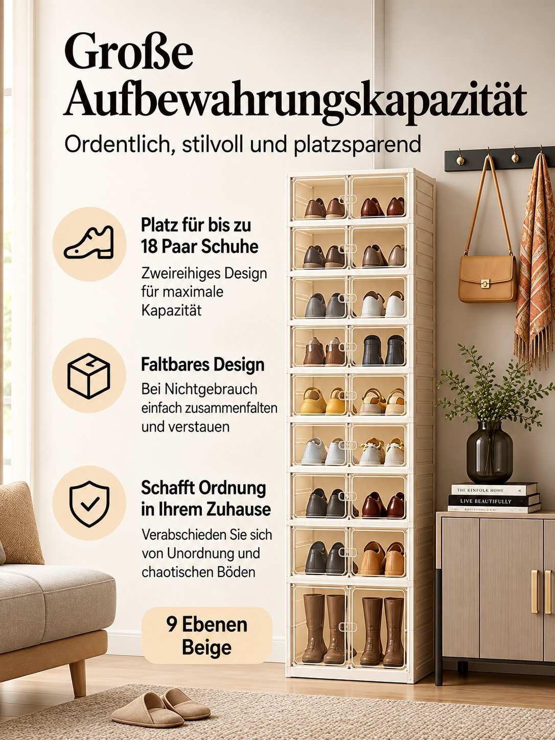 Faltbarer Schuhschrank mit transparenten Türen – 9 Ebenen, bis zu 18 Paar