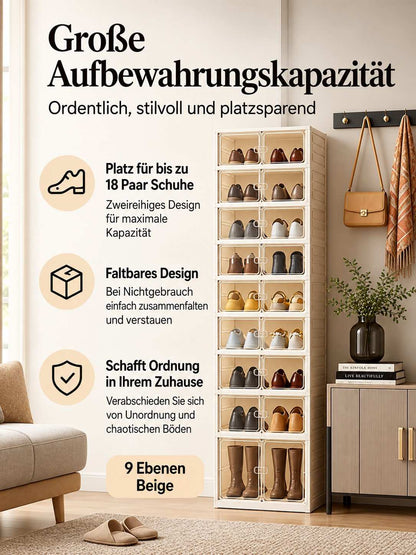Faltbarer Schuhschrank mit transparenten Türen – 9 Ebenen, bis zu 18 Paar